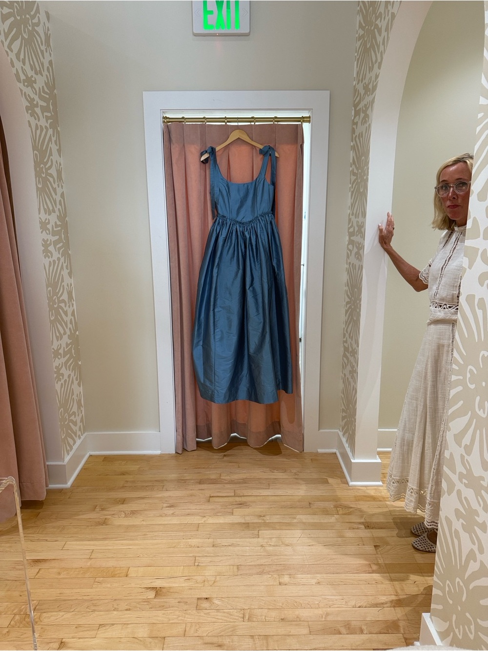 Blue Tie-Shoulder Midi Dress with Gathered Skirt